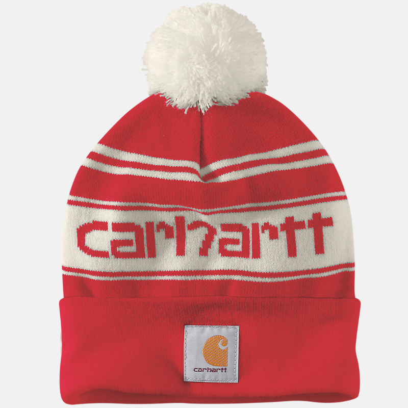 Picture of CARHARTT Knit Pom Pom Logo Cuffed Beanie 105168 Unisex Σκούφος R72 - Red Winter White